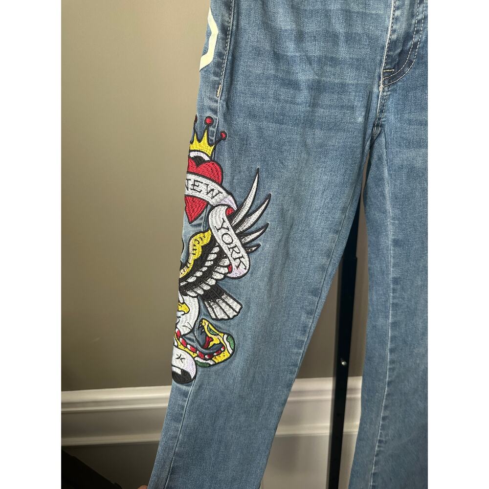 Ed Hardy Y2K Slim Fit Flare Jeans "New York" Dragon Embroidered Size 24 - Picture 2 of 9